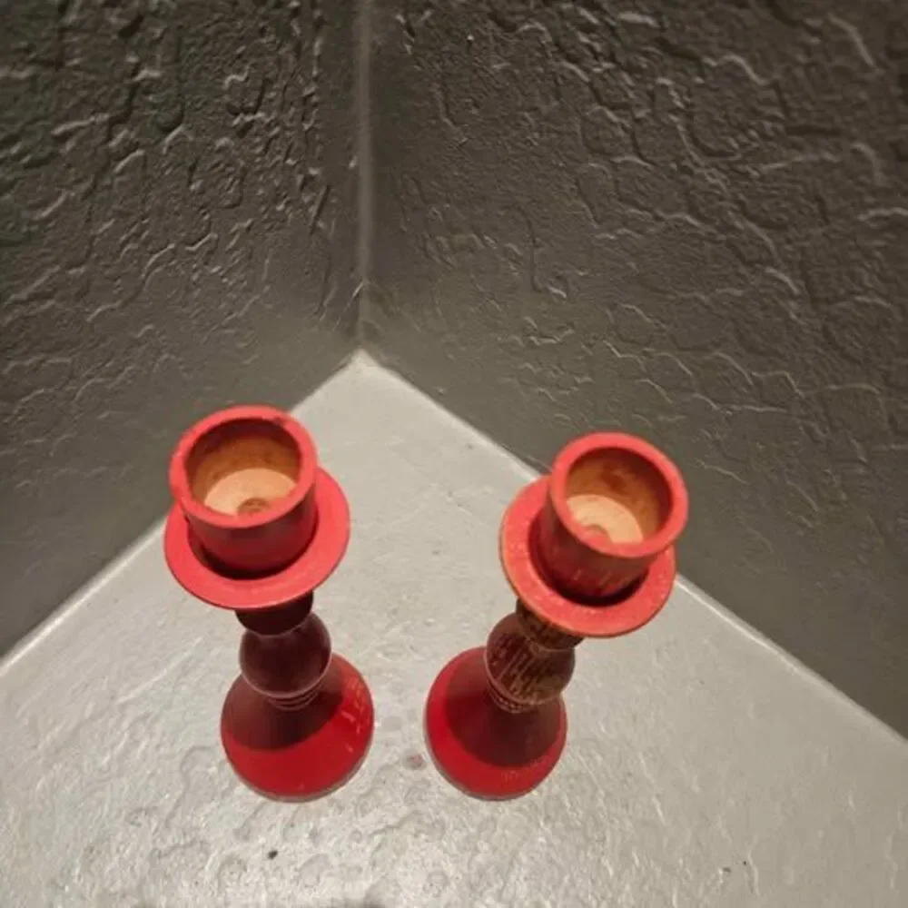 Pair of Red Rustic Wooden Candlestick Holders Made in Germany